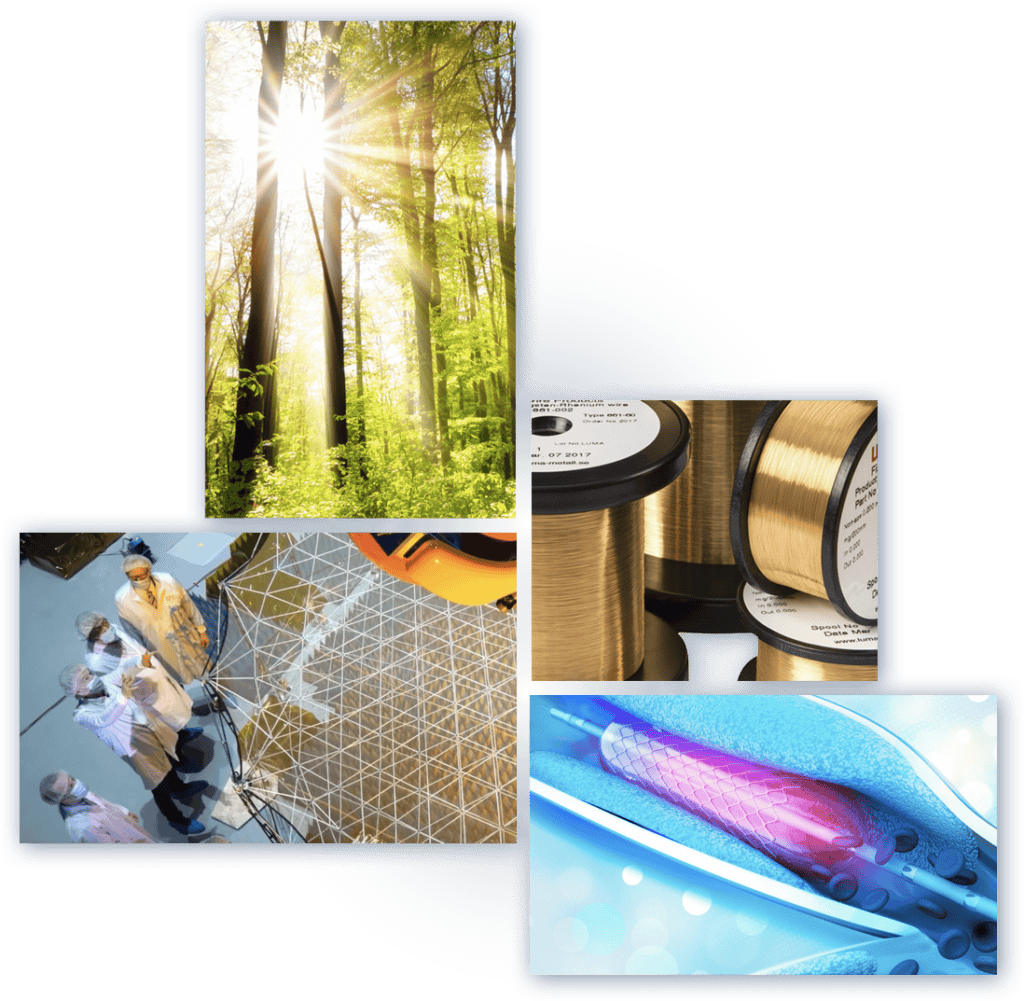 About us Collage. High-performance ultra-fine metal wires from Luma Wire Tech, driving innovation in space, defense, and microelectronics