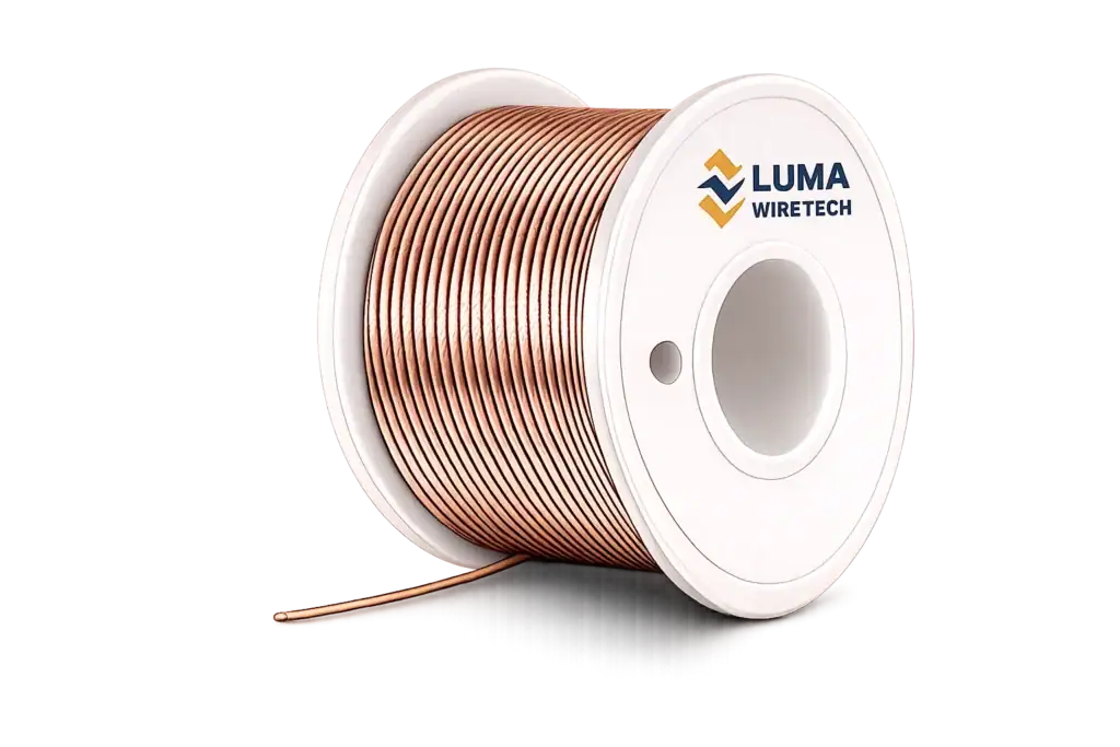Copper plating: Copper-plated fine wire wound on a Luma Wire Tech spool, optimized for applications requiring excellent electrical and thermal conductivity.
