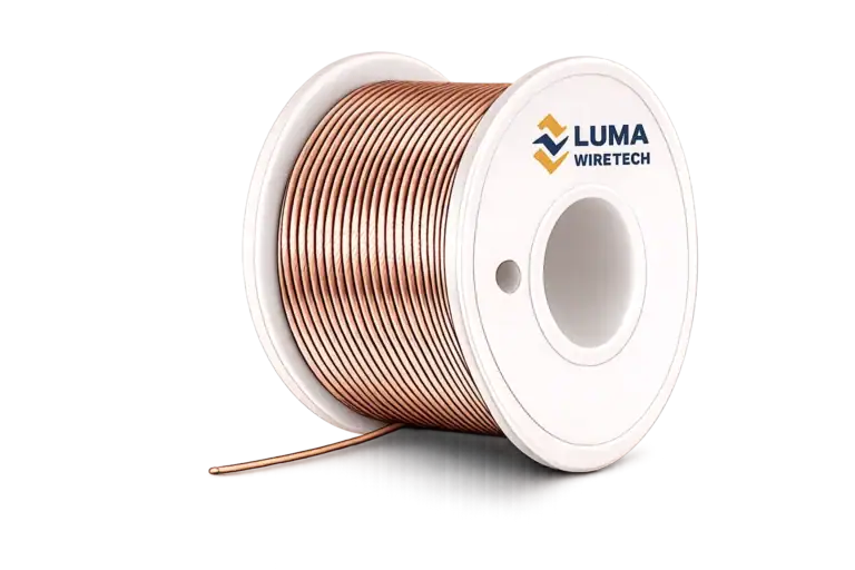Copper plating: Copper-plated fine wire wound on a Luma Wire Tech spool, optimized for applications requiring excellent electrical and thermal conductivity.