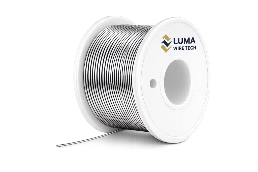 Silver plating: Silver-plated fine wire on a Luma Wire Tech spool, designed for applications requiring maximum electrical conductivity and signal performance.